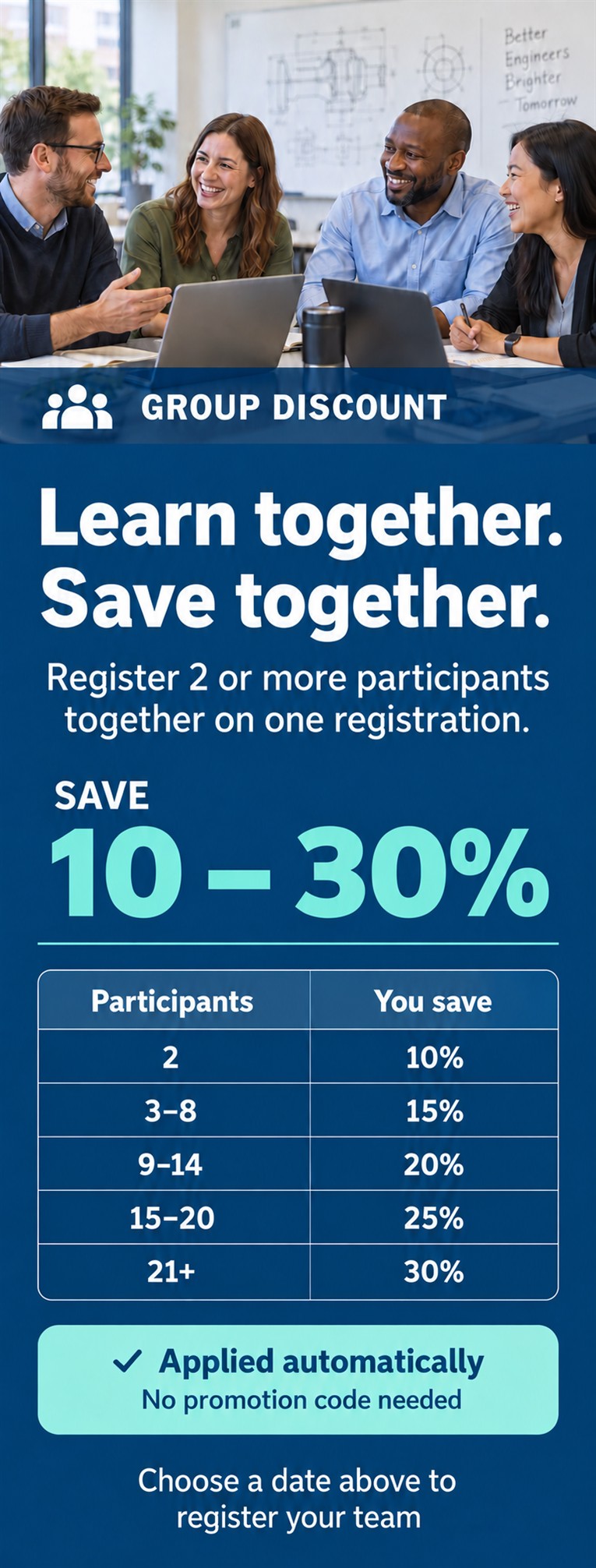 Group discount: register participants together on one registration. Save 10% for 2 participants, 15% for 3–8, 20% for 9–14, 25% for 15–20, and 30% for 21 or more. Applied automatically; no promotion code needed. Choose a date above to register your team.
