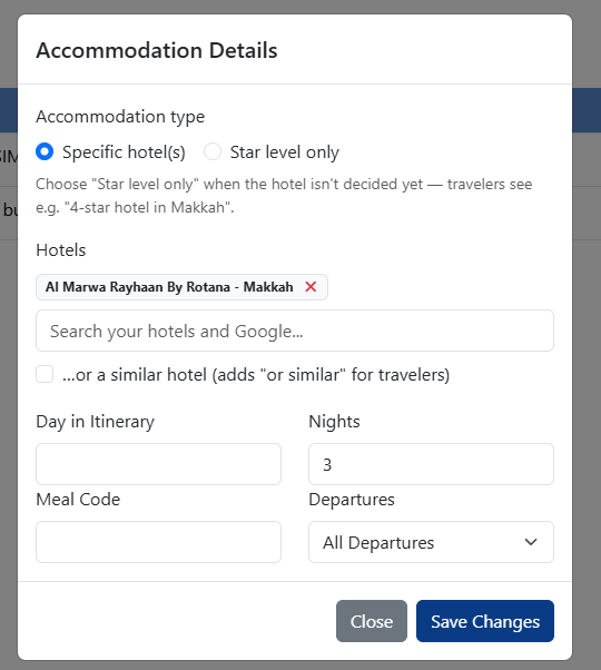 Accommodation Details: specific hotels, star level only, and or similar option
