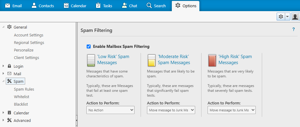 MailEnable webmail spam filtering: enable mailbox spam filtering and set Moderate Risk and High Risk to Move message to Junk Mail folder