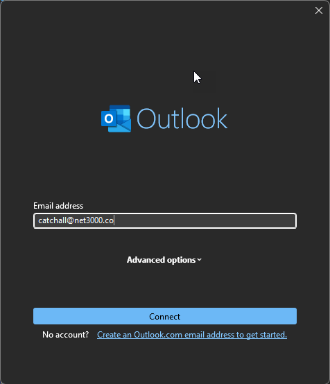 Add Account: enter your email address, then Connect