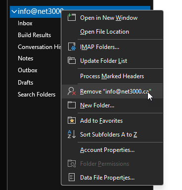 Right-click the old account in the folder list and choose Remove