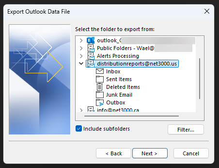 Select the account to export from, with Include subfolders ticked