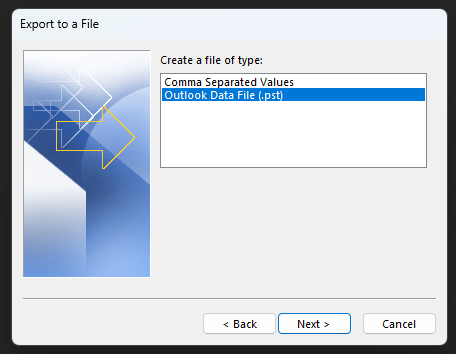 Export to a File: Outlook Data File (.pst)