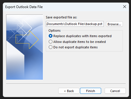 Save exported file as backup.pst, then Finish
