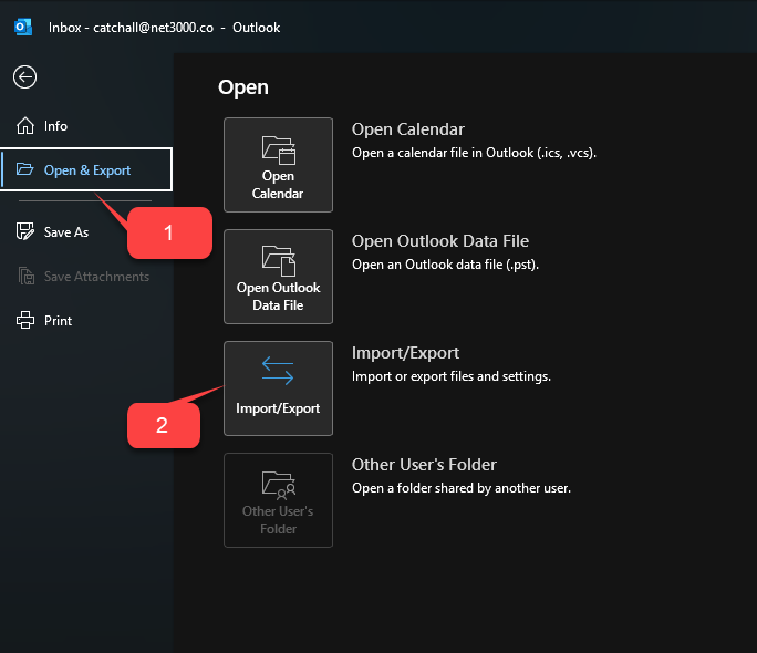 Outlook File menu: Open and Export, then Import/Export