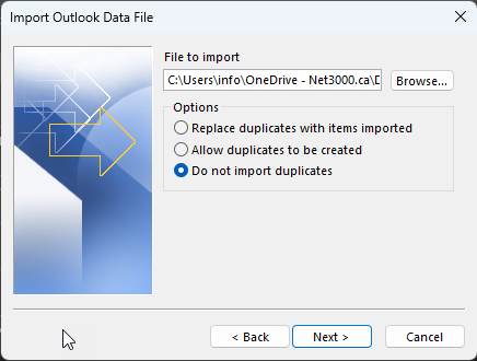 Import Outlook Data File: choose the file, select Do not import duplicates