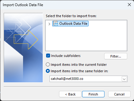 Import items into the same folder in your new account, then Finish